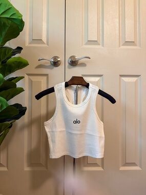ALO Yoga White Cropped Tank Top with Black Logo NOT FOR SALE